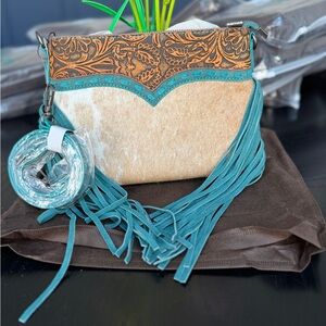 Trinity Ranch Cowhide/Tooled Fringe Crossbody Turquoise NWT